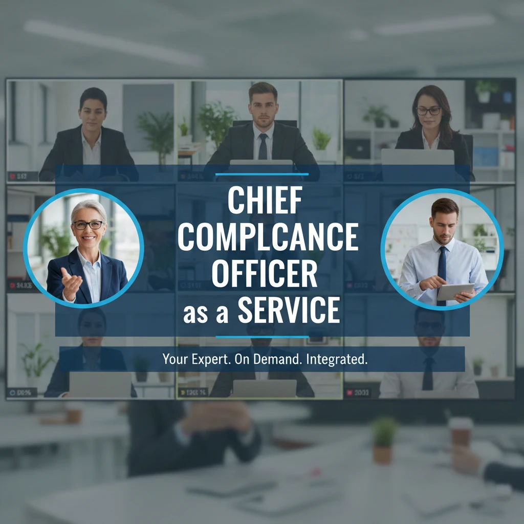 Videoconferência de equipa com destaque para Chief Compliance Officer; texto CCOaaS e slogan “Your Expert. On Demand. Integrated."