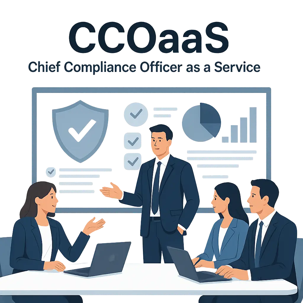 Equipa de compliance a liderar CCOaaS com dashboard de KPIs, checklist e escudo de segurança