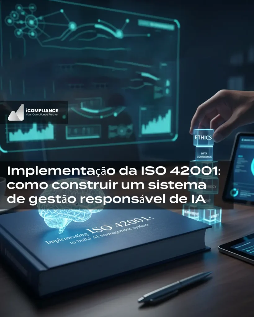Gestor a analisar dashboards de IA enquanto aplica a implementação ISO 42001 num sistema de gestão de inteligência artificial responsável