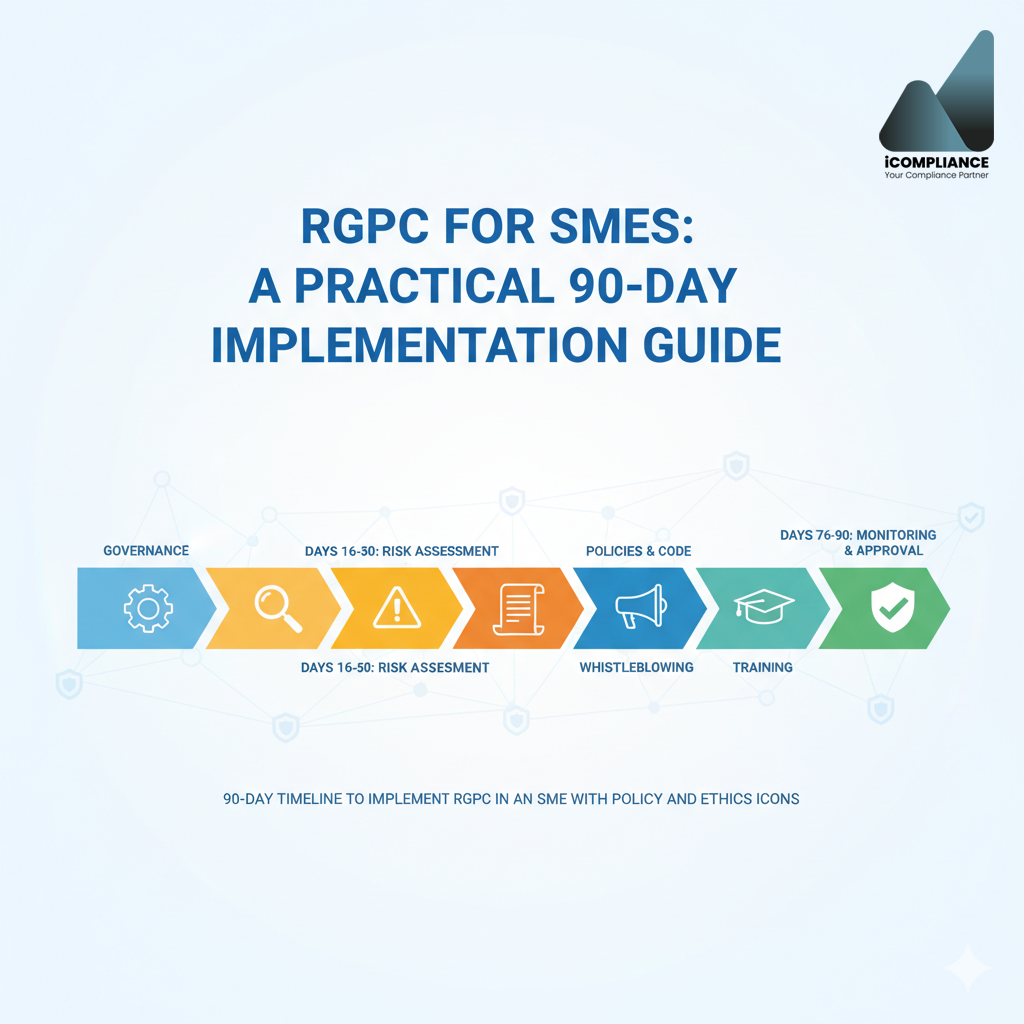 90-day timeline to implement RGPC in an SME with policy and ethics icons.