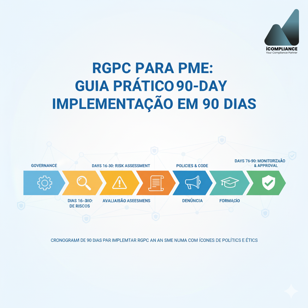 Cronograma de 90 dias para implementar o RGPC numa PME com ícones de políticas e ética.