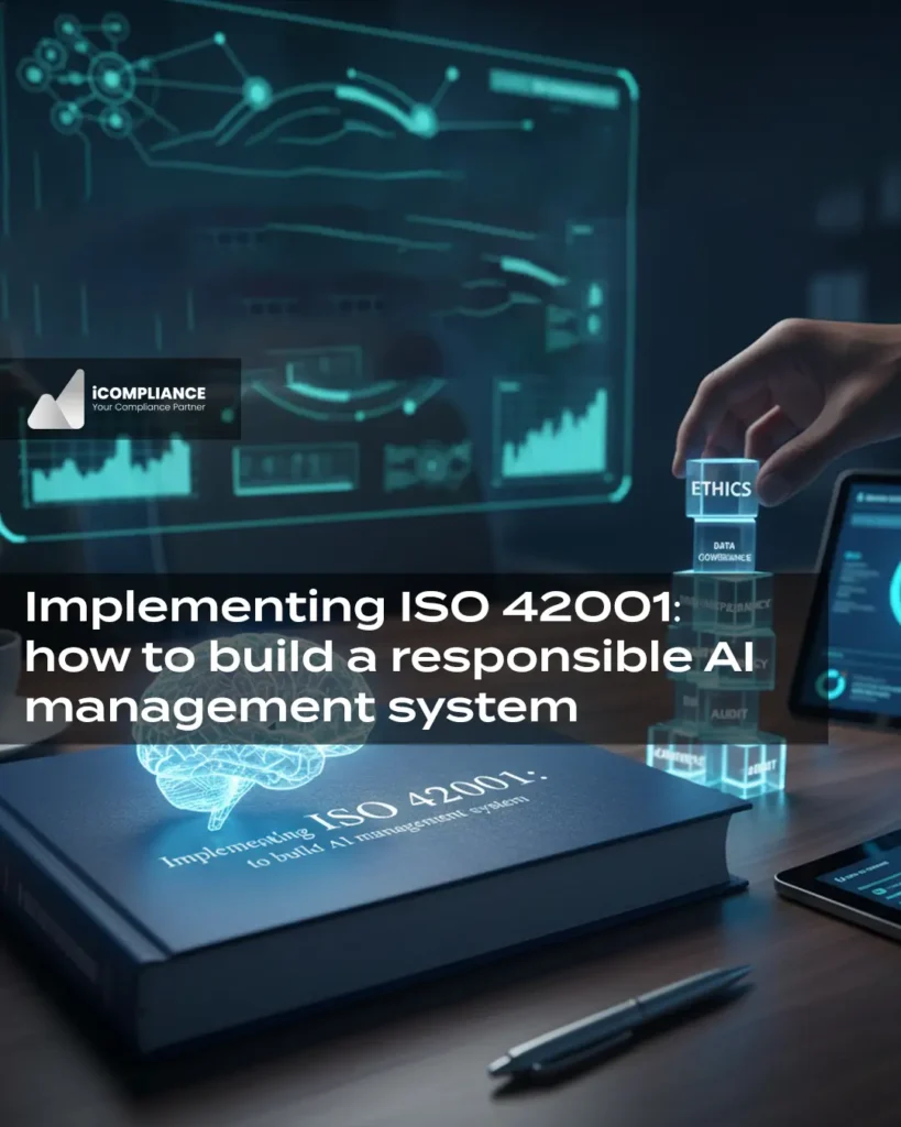 Manager analysing AI dashboards while applying ISO 42001 implementation in a responsible artificial intelligence management system