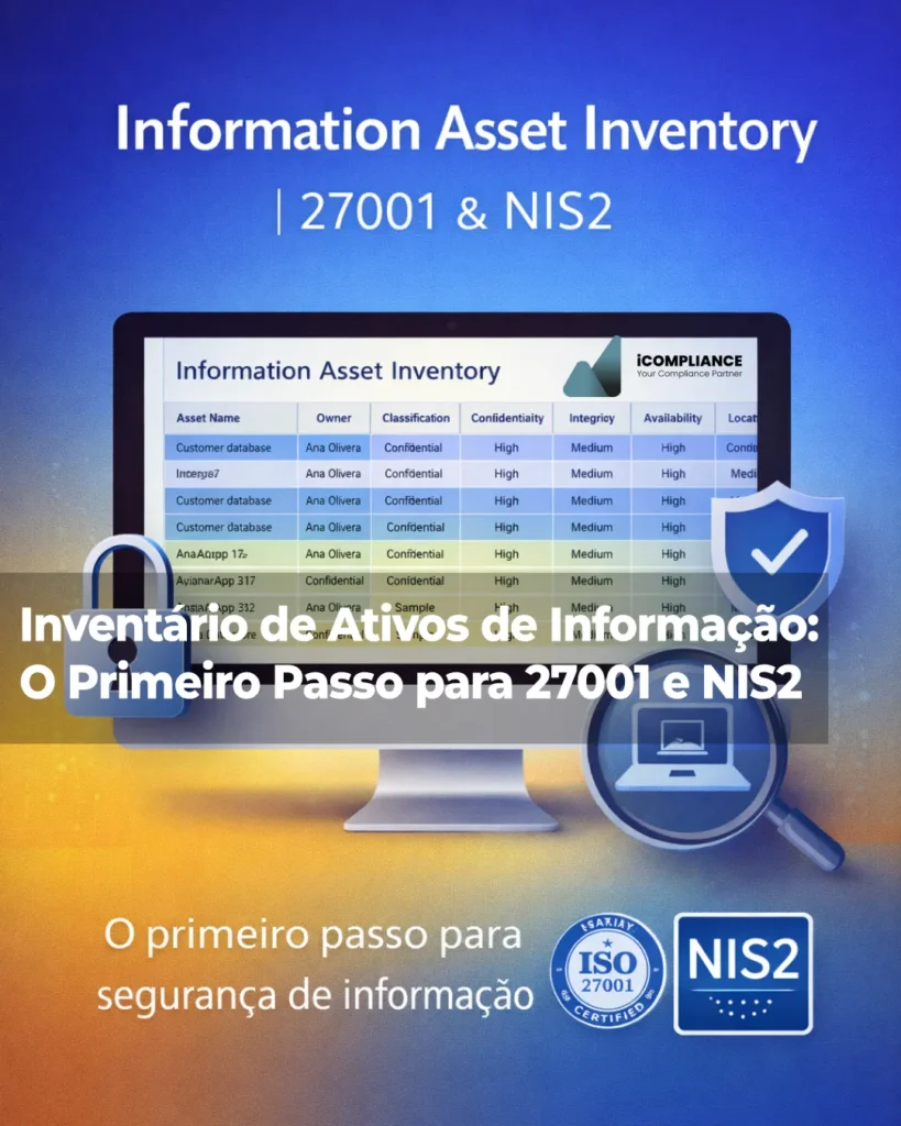 Ilustração de inventário de ativos de informação para ISO 27001 e NIS2 com tabela de ativos, classificação, owners e critérios de confidencialidade, integridade e disponibilidade