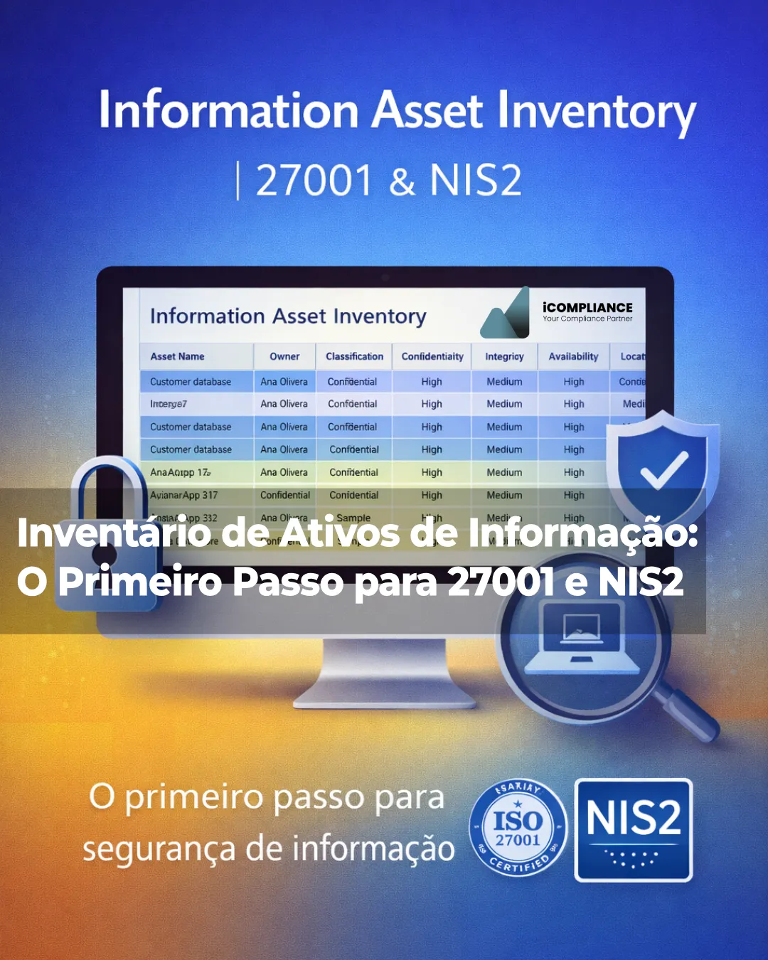 Ilustração de inventário de ativos de informação para ISO 27001 e NIS2 com tabela de ativos, classificação, owners e critérios de confidencialidade, integridade e disponibilidade