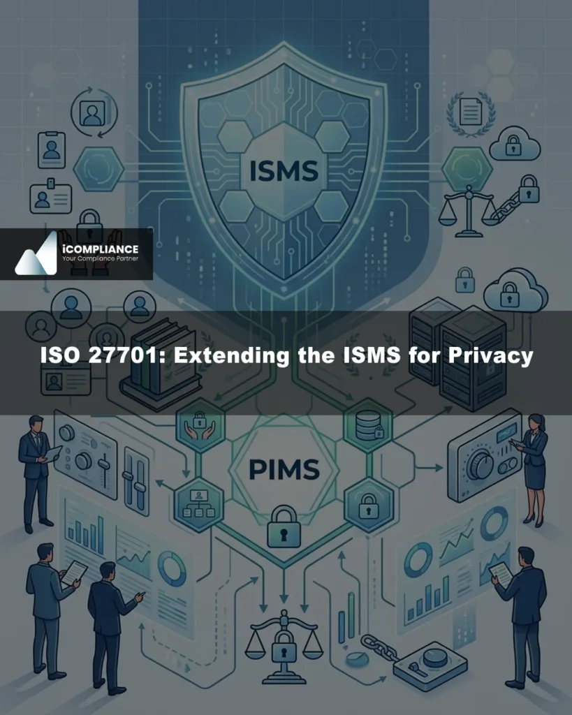 Illustration about ISO 27701 and PIMS showing how to extend the ISMS for privacy and personal data protection