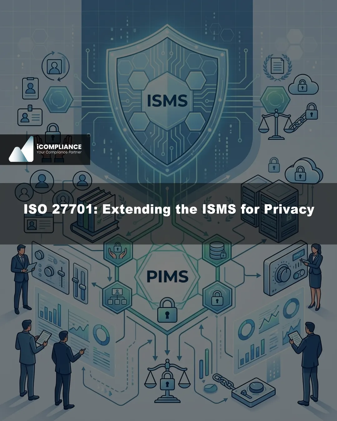 Illustration about ISO 27701 and PIMS showing how to extend the ISMS for privacy and personal data protection