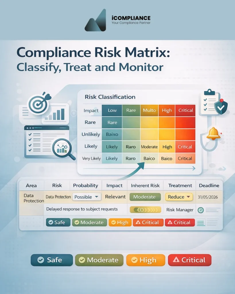 Compliance risk matrix with heatmap, probability, impact, treatment and monitoring for organisations