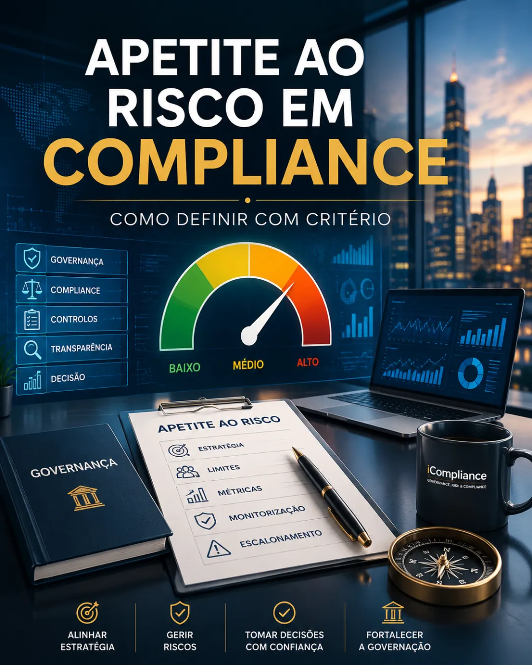 Imagem de destaque sobre apetite ao risco em compliance com dashboard corporativo de risco e elementos de governação