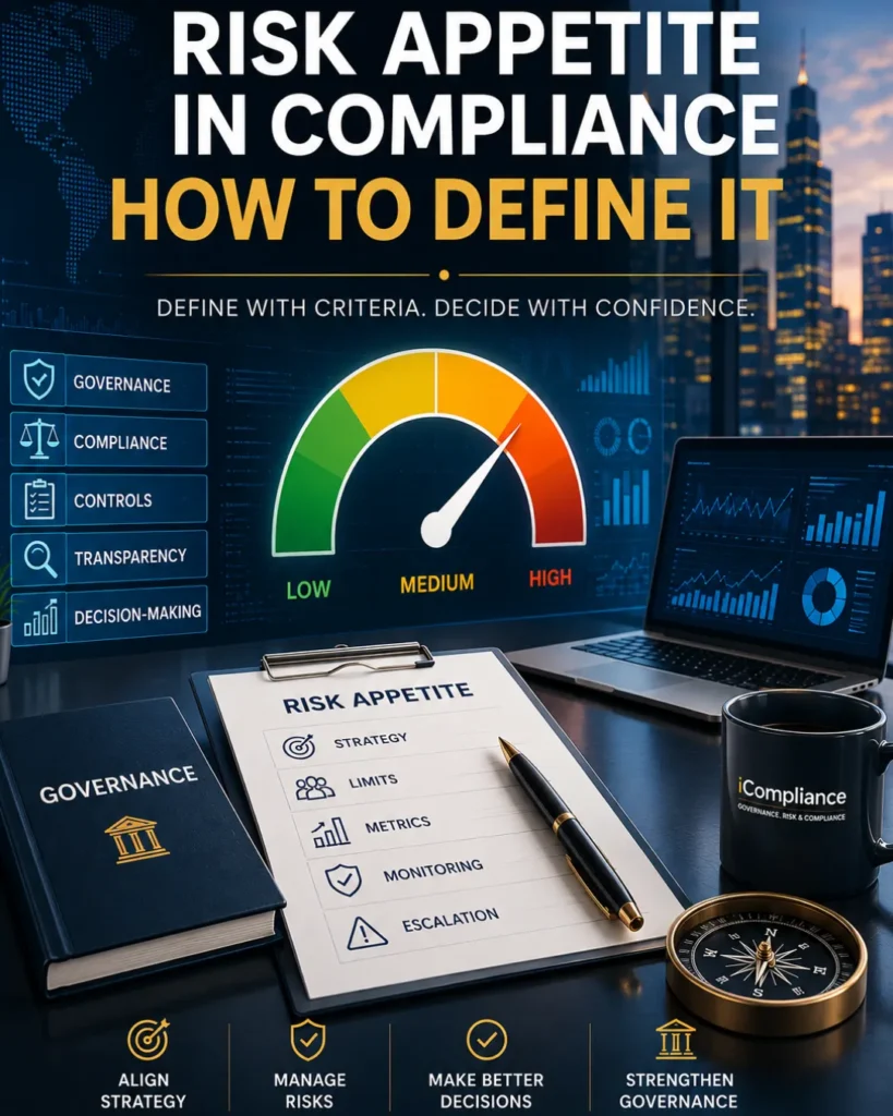 Risk appetite in compliance featured image with corporate risk dashboard and governance decision-making elements