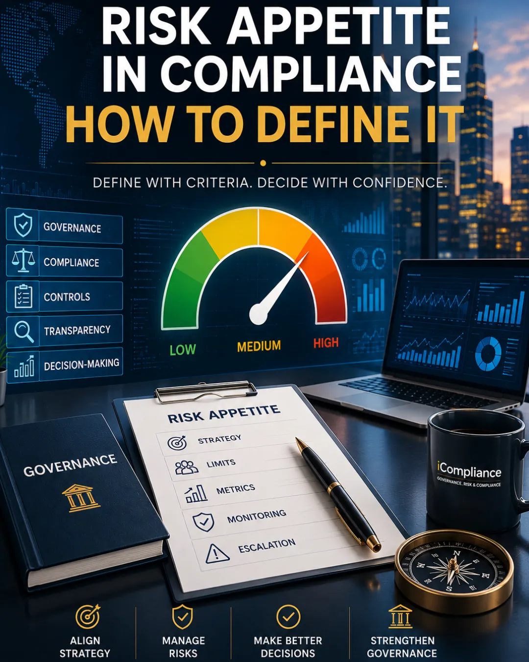 Risk appetite in compliance featured image with corporate risk dashboard and governance decision-making elements