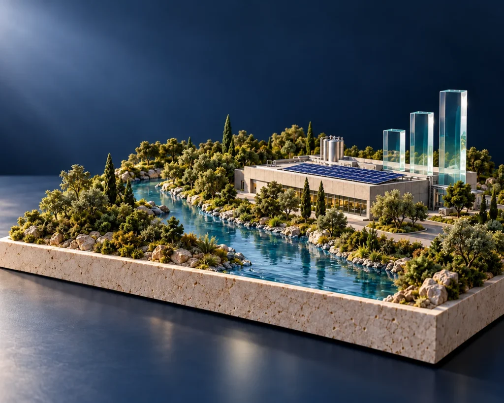 Maquete conceptual de uma unidade industrial com painéis solares, junto a um rio e uma floresta, com colunas de vidro que simbolizam indicadores ambientais.